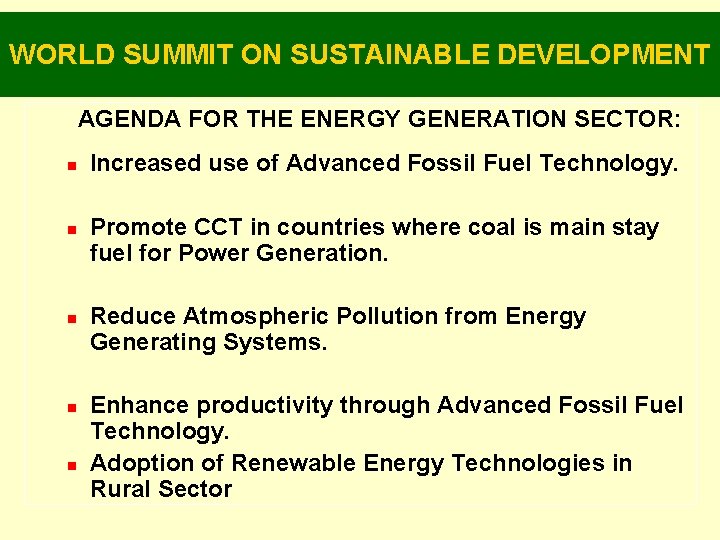 WORLD SUMMIT ON SUSTAINABLE DEVELOPMENT AGENDA FOR THE ENERGY GENERATION SECTOR: n n n