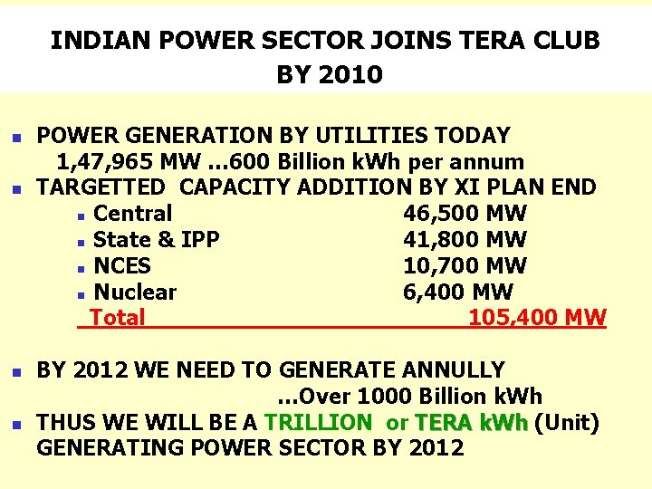 INDIAN POWER SECTOR JOINS TERA CLUB BY 2010 POWER GENERATION BY UTILITIES TODAY 1,