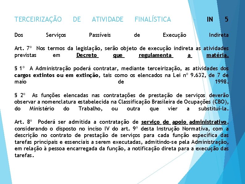 TERCEIRIZAÇÃO Dos Serviços DE ATIVIDADE Passíveis FINALÍSTICA de Execução - IN 5 Indireta Art.