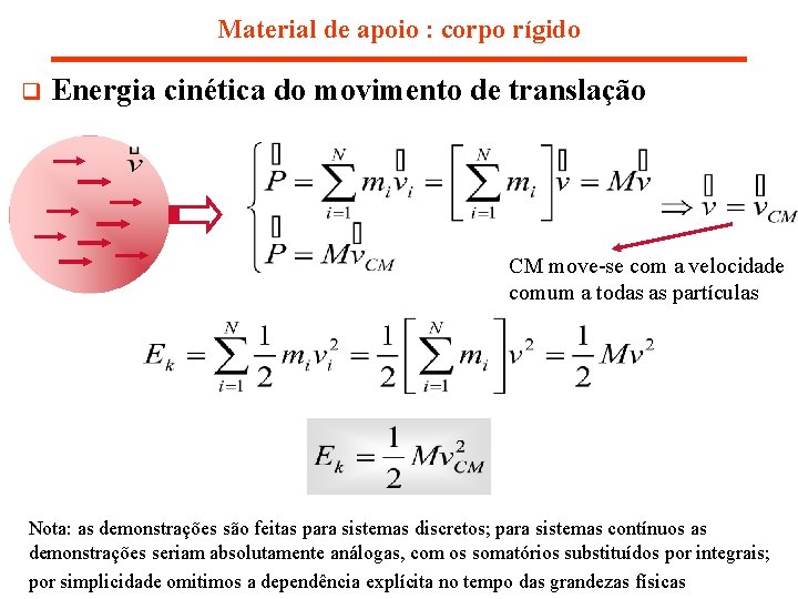 Material de apoio : corpo rígido q Energia cinética do movimento de translação CM