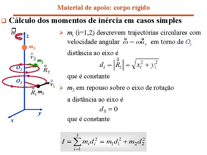 Material de apoio: corpo rígido q Cálculo dos momentos de inércia em casos simples