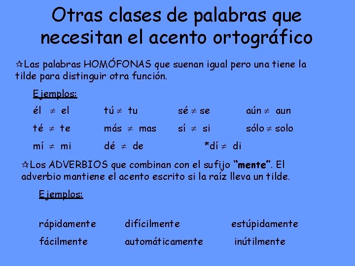 Otras clases de palabras que necesitan el acento ortográfico Las palabras HOMÓFONAS que suenan