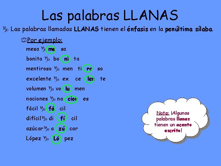 Las palabras LLANAS Las palabras llamadas LLANAS tienen el énfasis en la penúltima sílaba.