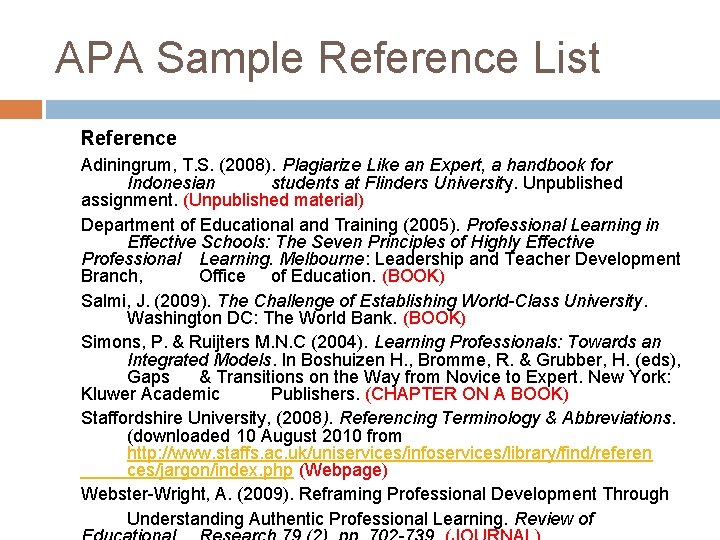 APA Sample Reference List Reference Adiningrum, T. S. (2008). Plagiarize Like an Expert, a