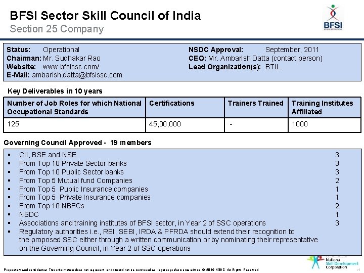 BFSI Sector Skill Council of India Section 25 Company Status: Operational Chairman: Mr. Sudhakar