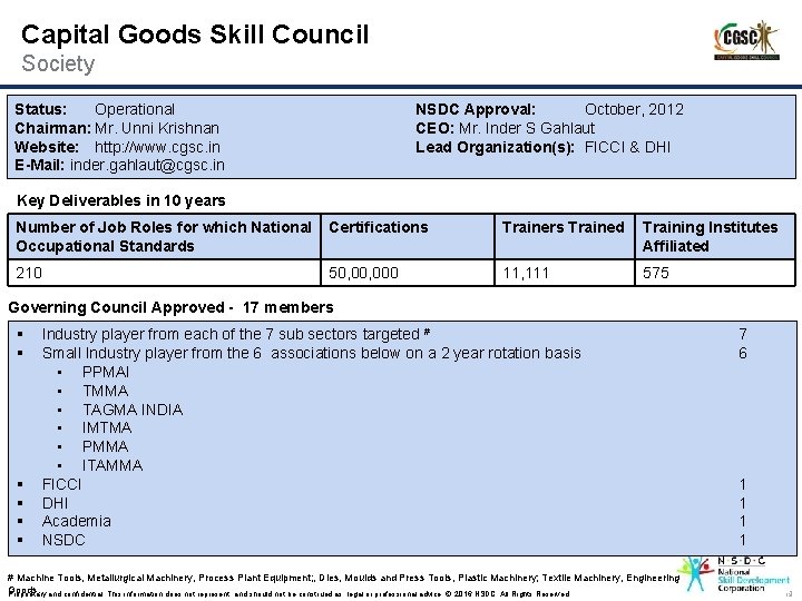 Capital Goods Skill Council Society Status: Operational Chairman: Mr. Unni Krishnan Website: http: //www.