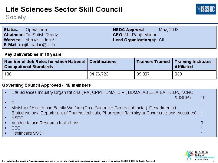 Life Sciences Sector Skill Council Society Status: Operational Chairman: Dr. Satish Reddy Website: http: