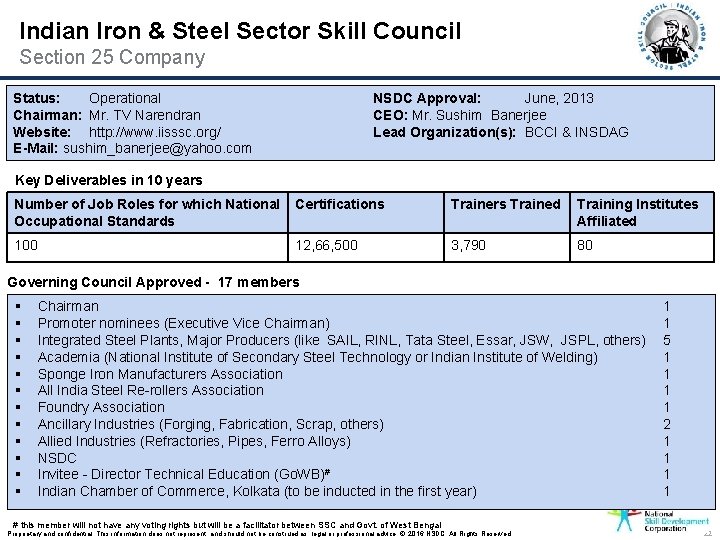 Indian Iron & Steel Sector Skill Council Section 25 Company Status: Operational Chairman: Mr.