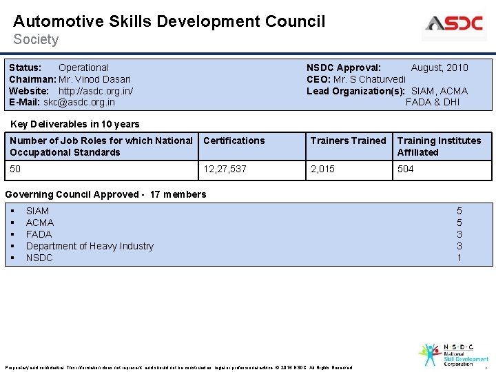 Automotive Skills Development Council Society Status: Operational Chairman: Mr. Vinod Dasari Website: http: //asdc.