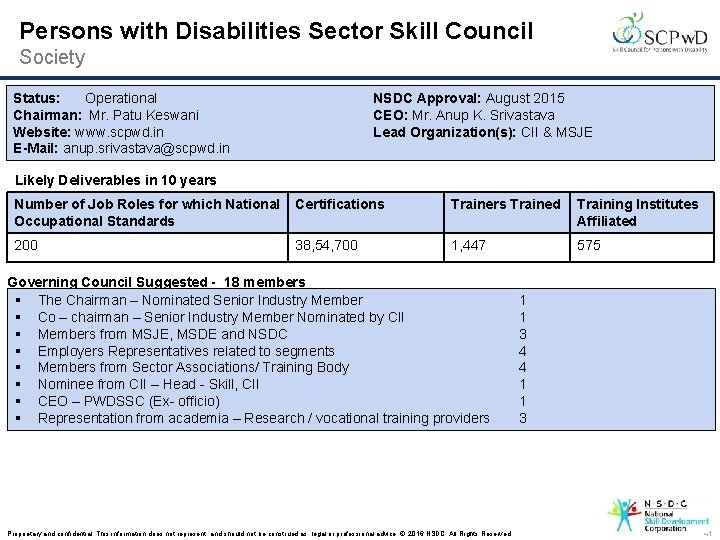 Persons with Disabilities Sector Skill Council Society Status: Operational Chairman: Mr. Patu Keswani Website: