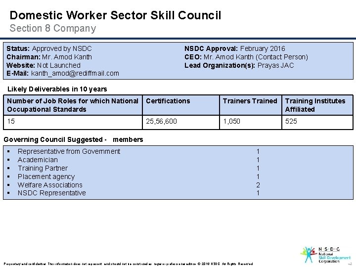 Domestic Worker Sector Skill Council Section 8 Company Status: Approved by NSDC Chairman: Mr.