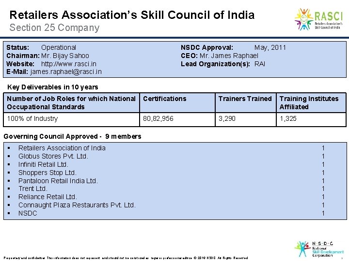 Retailers Association’s Skill Council of India Section 25 Company Status: Operational Chairman: Mr. Bijay
