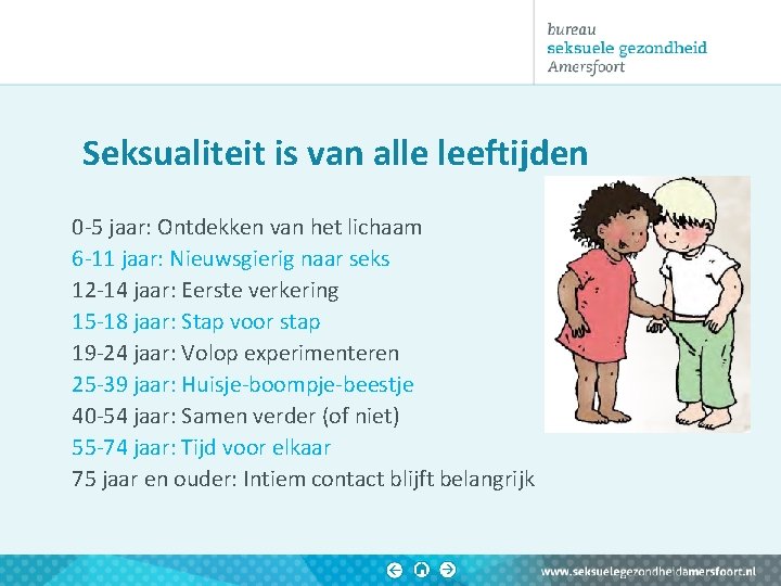 Seksualiteit is van alle leeftijden 0 -5 jaar: Ontdekken van het lichaam 6 -11 Seksualiteit is van alle leeftijden 0 -5 jaar: Ontdekken van het lichaam 6 -11