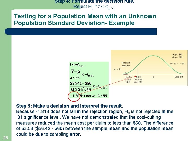 Step 4: Formulate the decision rule. Reject H 0 if t < -t ,