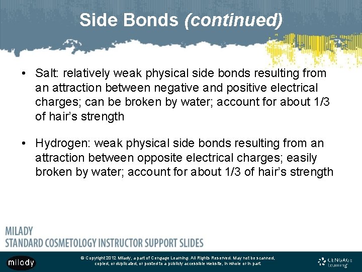 Side Bonds (continued) • Salt: relatively weak physical side bonds resulting from an attraction
