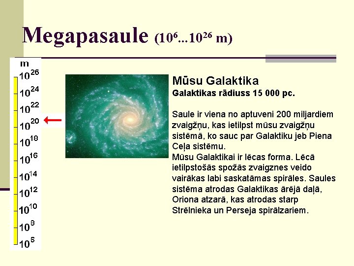 Megapasaule (106. . . 1026 m) Mūsu Galaktikas rādiuss 15 000 pc. Saule ir