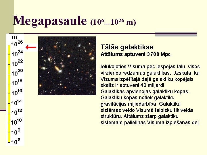 Megapasaule (106. . . 1026 m) Tālās galaktikas Attālums aptuveni 3 700 Mpc. Ielūkojoties