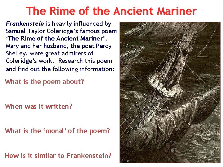 The Rime of the Ancient Mariner Frankenstein is heavily influenced by Samuel Taylor Coleridge’s