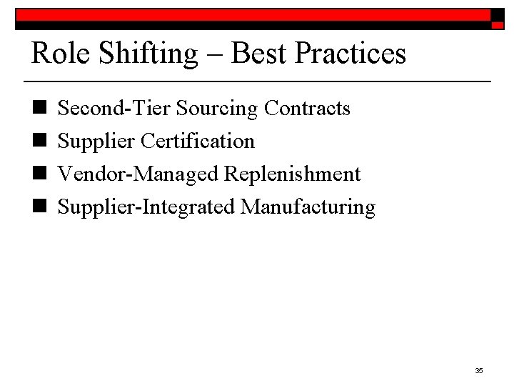 Role Shifting – Best Practices n n Second-Tier Sourcing Contracts Supplier Certification Vendor-Managed Replenishment