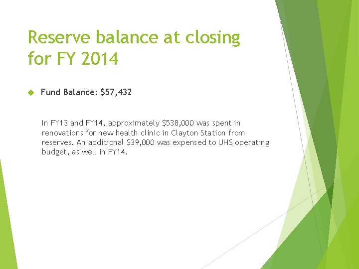 Reserve balance at closing for FY 2014 Fund Balance: $57, 432 In FY 13