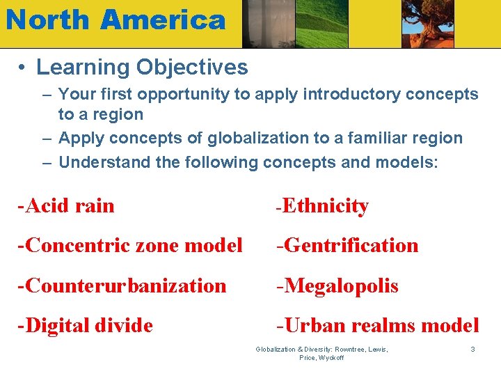 North America • Learning Objectives – Your first opportunity to apply introductory concepts to