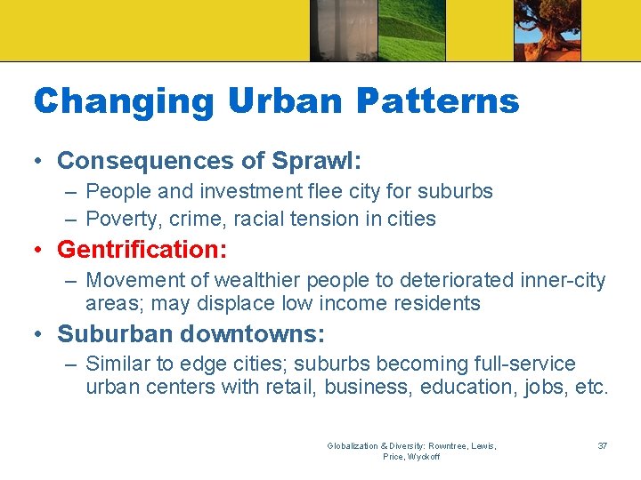 Changing Urban Patterns • Consequences of Sprawl: – People and investment flee city for