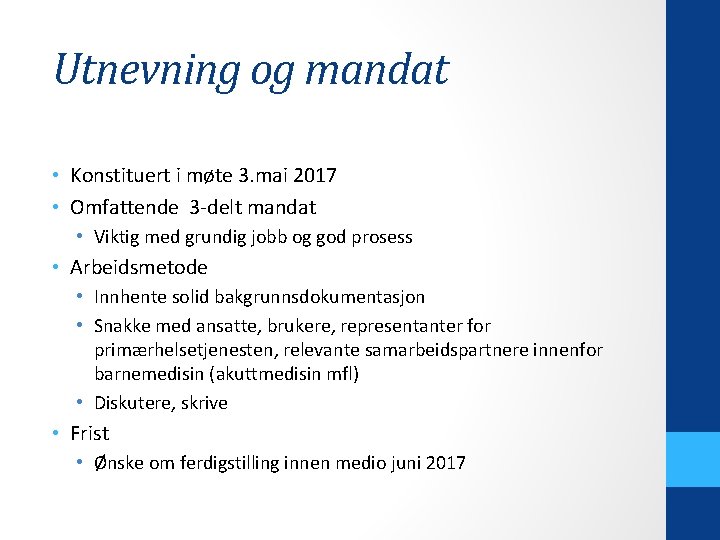 Utnevning og mandat • Konstituert i møte 3. mai 2017 • Omfattende 3 -delt
