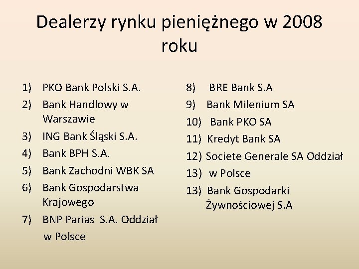 Dealerzy rynku pieniężnego w 2008 roku 1) PKO Bank Polski S. A. 2) Bank Dealerzy rynku pieniężnego w 2008 roku 1) PKO Bank Polski S. A. 2) Bank