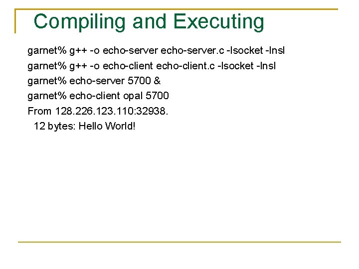 Compiling and Executing garnet% g++ -o echo-server. c -lsocket -lnsl garnet% g++ -o echo-client.