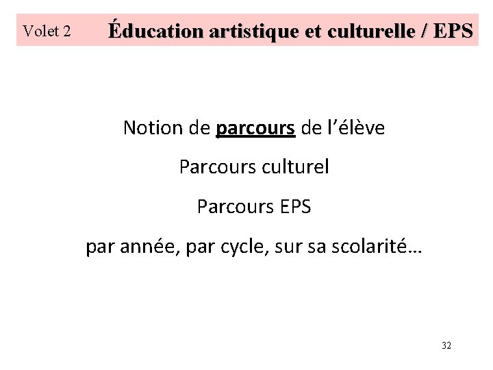 Volet 2 Éducation artistique et culturelle / EPS Notion de parcours de l’élève Parcours