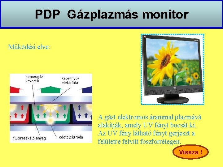 PDP Gázplazmás monitor Működési elve: A gázt elektromos árammal plazmává alakítják, amely UV fényt