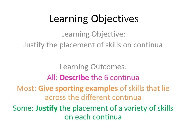 Learning Objectives Learning Objective: Justify the placement of skills on continua Learning Outcomes: All: