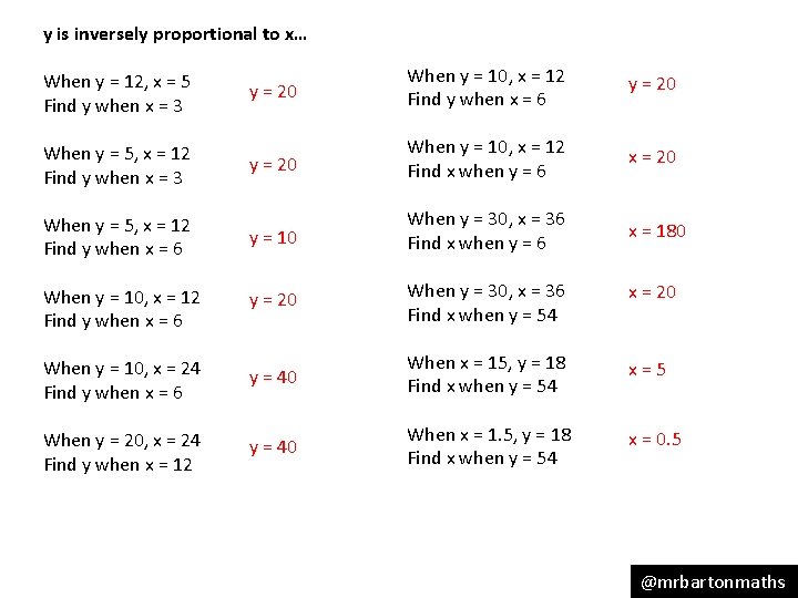 y is inversely proportional to x… y = 20 When y = 10, x