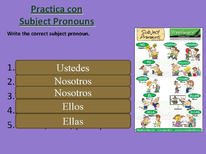 Practica con Subject Pronouns Write the correct subject pronoun. 1. Jared, Jose, Ustedes usted,