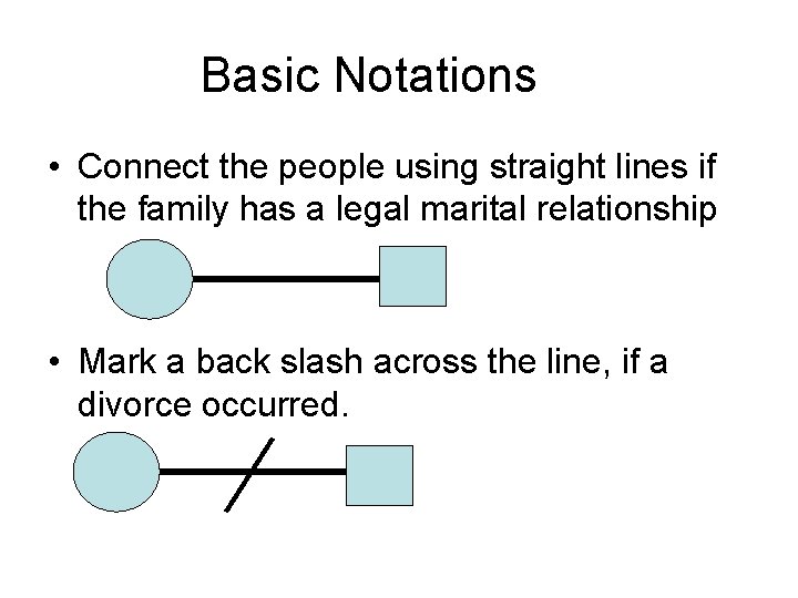 Basic Notations • Connect the people using straight lines if the family has a