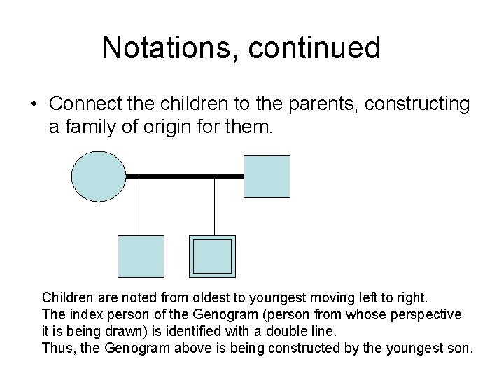 Notations, continued • Connect the children to the parents, constructing a family of origin