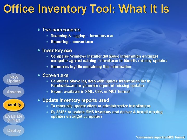 Office Inventory Tool: What It Is Two components Scanning & logging – inventory. exe Office Inventory Tool: What It Is Two components Scanning & logging – inventory. exe