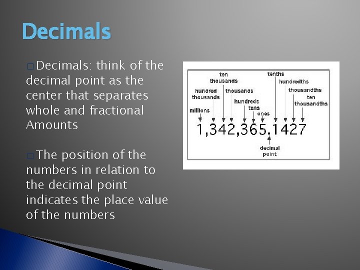Decimals � Decimals: think of the decimal point as the center that separates whole Decimals � Decimals: think of the decimal point as the center that separates whole