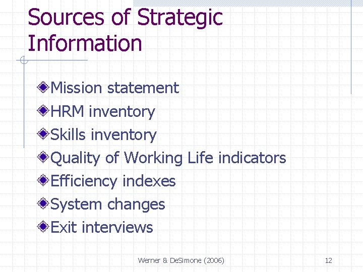 Sources of Strategic Information Mission statement HRM inventory Skills inventory Quality of Working Life