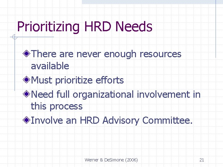 Prioritizing HRD Needs There are never enough resources available Must prioritize efforts Need full