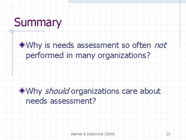 Summary Why is needs assessment so often not performed in many organizations? Why should