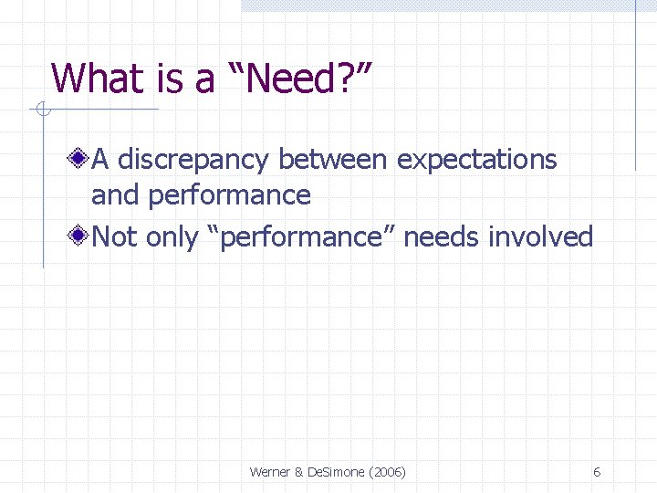 What is a “Need? ” A discrepancy between expectations and performance Not only “performance”