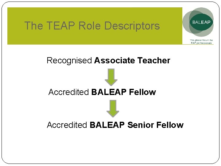 The TEAP Role Descriptors Recognised Associate Teacher Accredited BALEAP Fellow Accredited BALEAP Senior Fellow