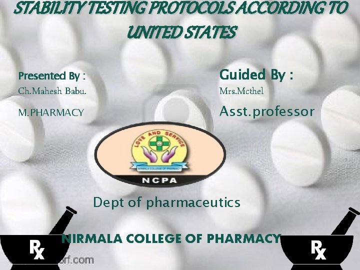 STABILITY TESTING PROTOCOLS ACCORDING TO UNITED STATES Presented By : Ch. Mahesh Babu. M.