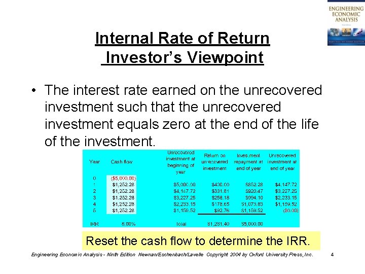 Internal Rate of Return Investor’s Viewpoint • The interest rate earned on the unrecovered