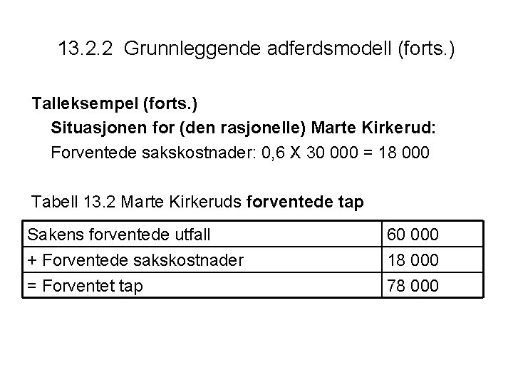 13. 2. 2 Grunnleggende adferdsmodell (forts. ) Talleksempel (forts. ) Situasjonen for (den rasjonelle)