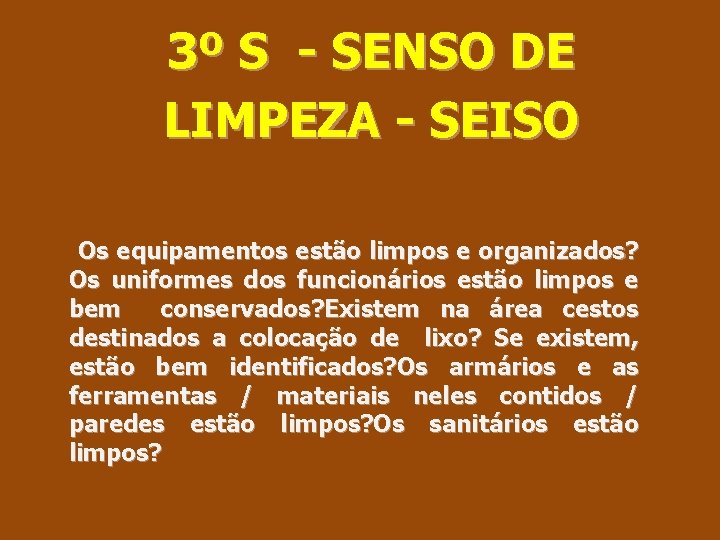 3º S - SENSO DE LIMPEZA - SEISO Os equipamentos estão limpos e organizados?