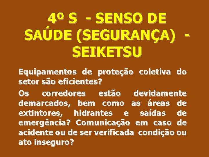 4º S - SENSO DE SAÚDE (SEGURANÇA) SEIKETSU Equipamentos de proteção coletiva do setor
