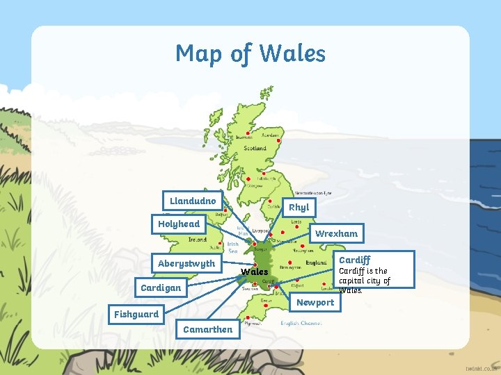 Map of Wales Llandudno Rhyl Holyhead Aberystwyth Wrexham Cardiff is the capital city of