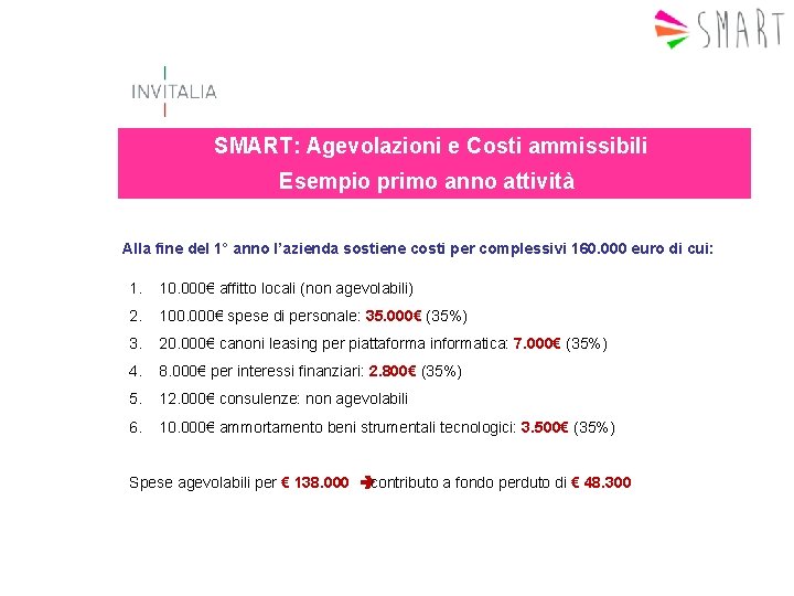 SMART: Agevolazioni e Costi ammissibili Esempio primo anno attività Alla fine del 1° anno